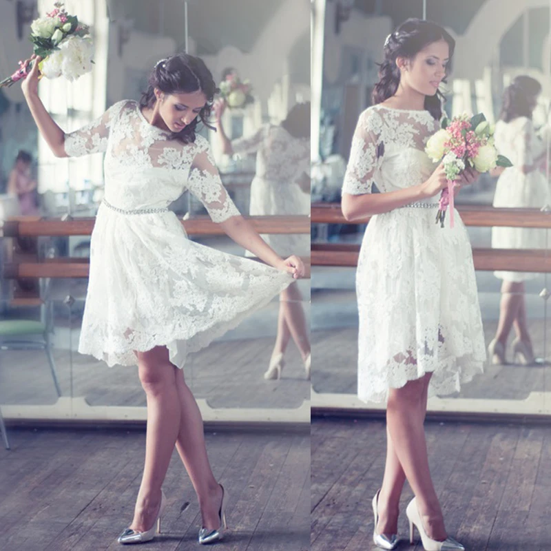 

free shipping vestido de noiva casamento short lace Wedding Dress 2015 hot sale sweetangel sleeves crystal Casual bridal Gowns