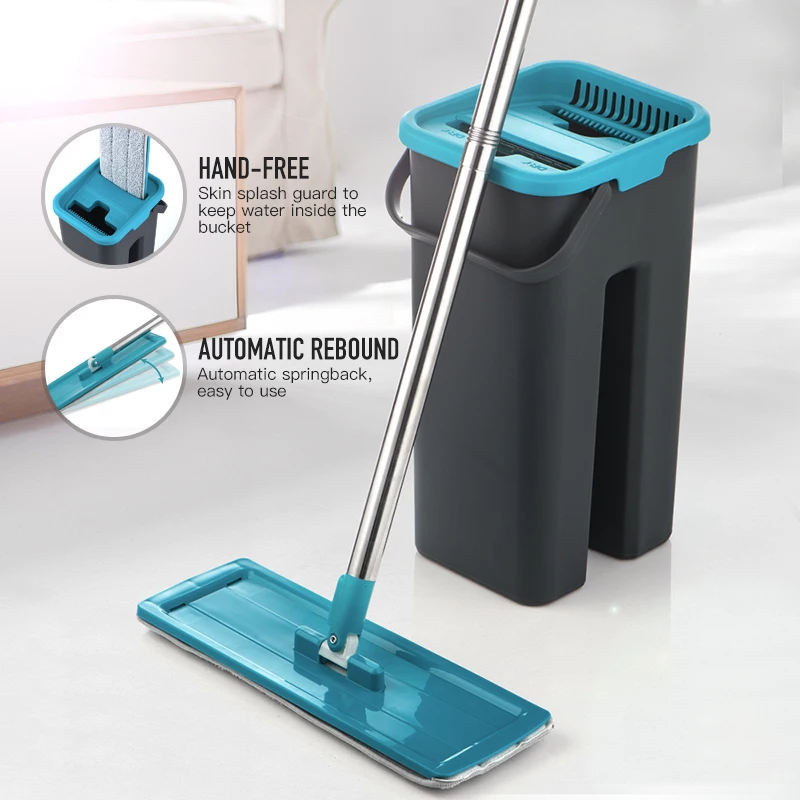 New Flat Squeegee Mop and Bucket Hand-Free Wringing Floor Cleaner Easy Self  Cleaning Dry Wet Dual Use with 2pcs Washable Mop Pads
