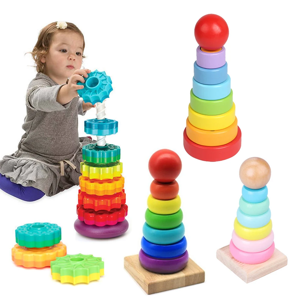 Baby Rotating Rainbow Tower Montessori Baby Stacking Puzzle Toys Safety Early Educational Toy Safety Colored Children's Toys