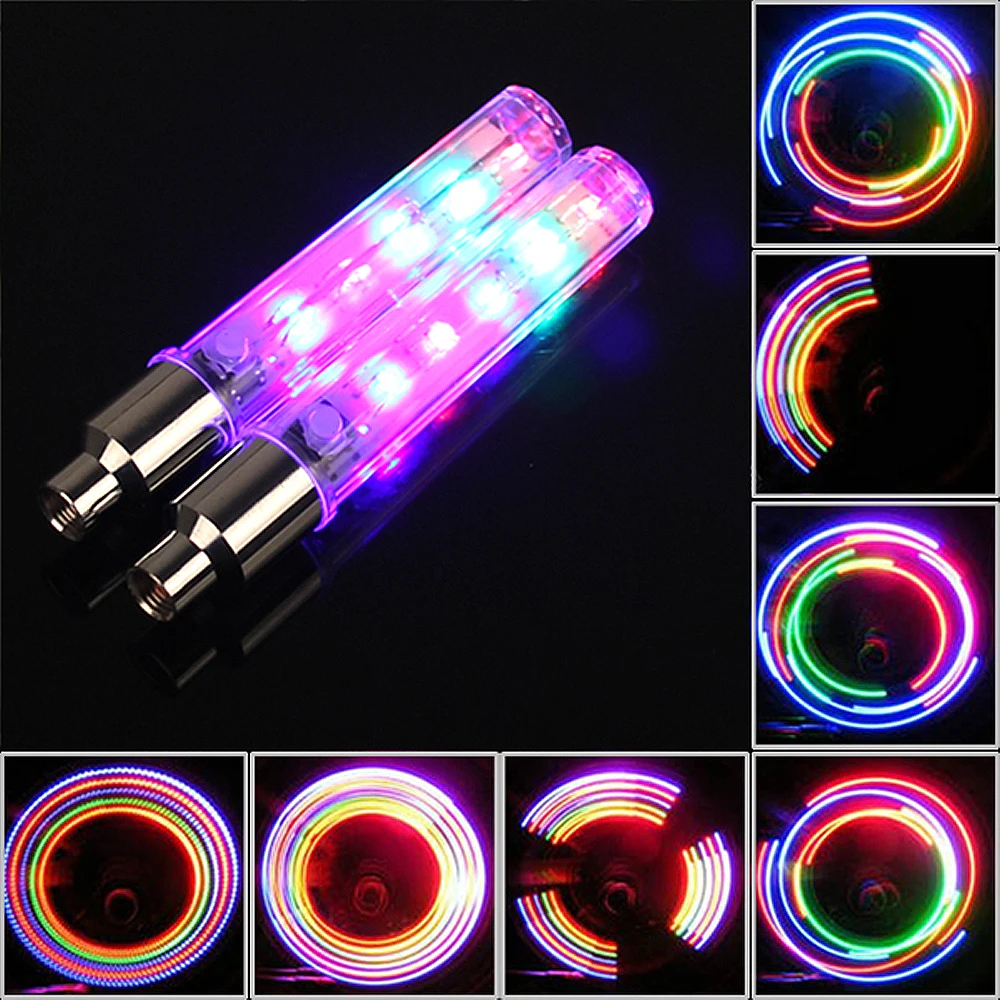 

2pcs Bike Bicycle Wheel Tire Valve Cap Spoke Neon 5 LED Lights Lamp 32 Change with 6 Button Batteries