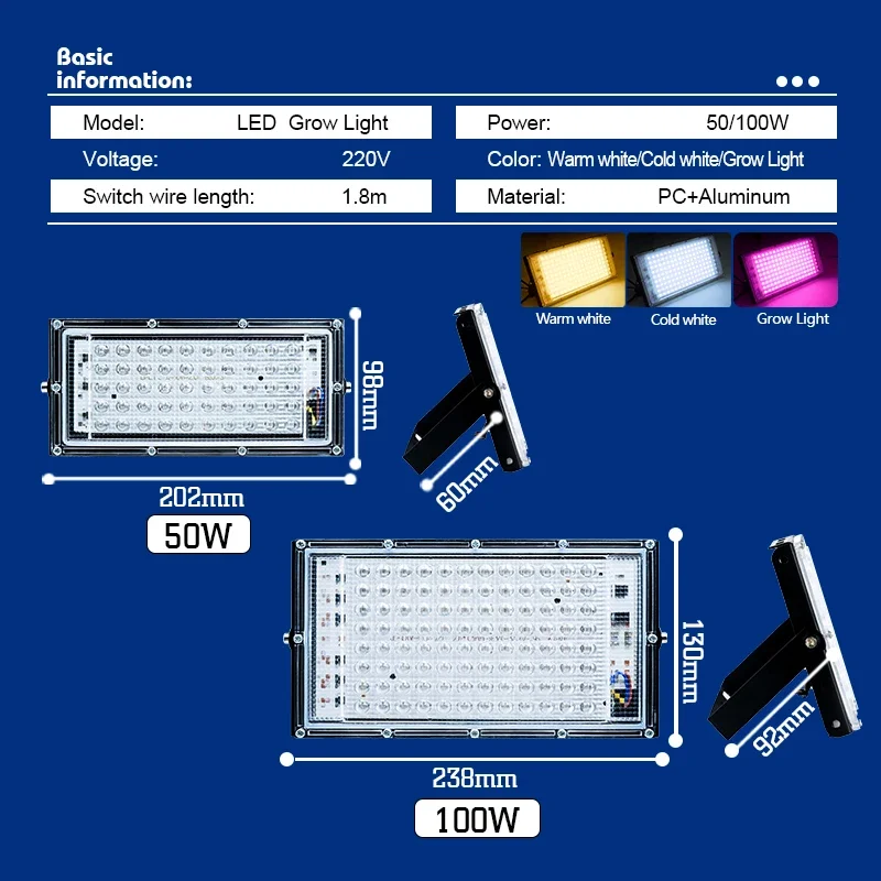 Grow Light LED Grow Lights for Indoor Plants Full Spectrum Veg Bloom 220V 50W 100W Floodlight Switch Control Plant Light Seed Starting Seed