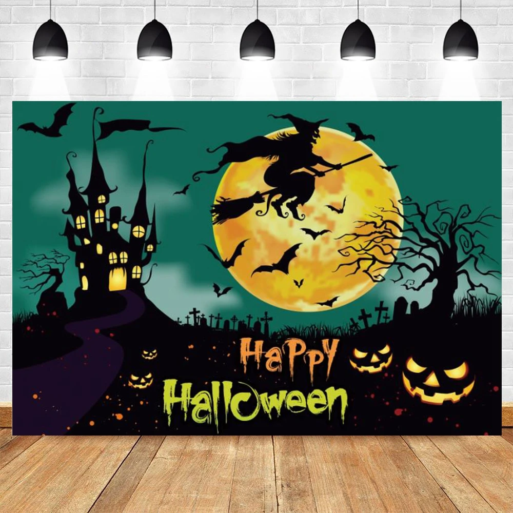 Halloween Pumpkin Field Backdrop 6x4 FT - Autumn Night Sky With Bats & Moon Photo Background