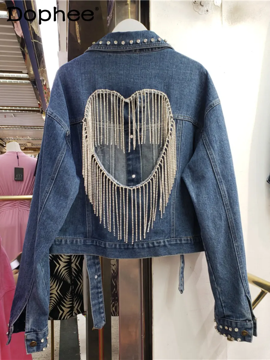 Trendy Street Diamond Tassel Chain Hollow-out Love Design Denim Jacket Women 2023 Autumn New Jean Jacket Hot Loose Coat Casacas lloyd street love 1 cd