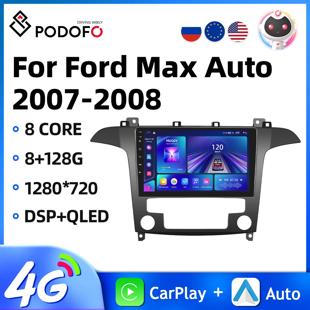 

Автомагнитола Podofo 9 ''8 + 128G для Ford Max Auto 2007-2008, мультимедийный проигрыватель для Carplay, Android, AI, голосовое, Wi-Fi, 4G, GPS, автомобильная стереосистема