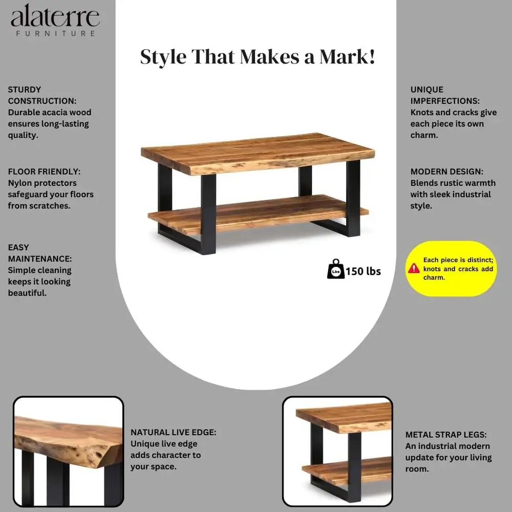 Natural Wood Live Edge Coffee Table with Metal Strap Legs Unique Imperfections Industrial Style Durable Stable Home Furniture 5