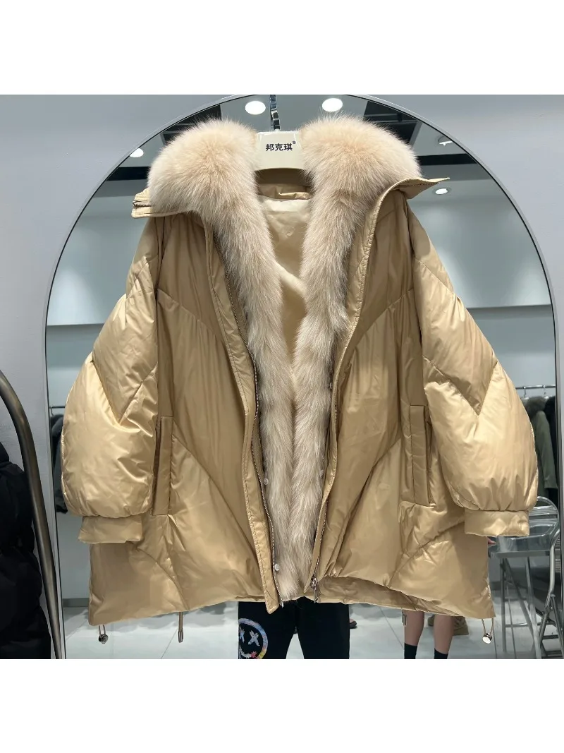 OFTBUY 2023 Real Natural Fox Fur New Winter Women White Goose Down Jacket Loose Warm Puffer Coat Female Thick Mid-Long Parkas