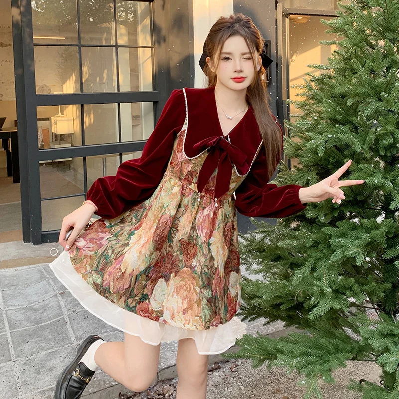 

Christmas Retro Palace Style Heavy Industry Jacquard Strap Skirt Set Cute Bow Velvet Shirt Top Two Piece Skirt Princess Dress