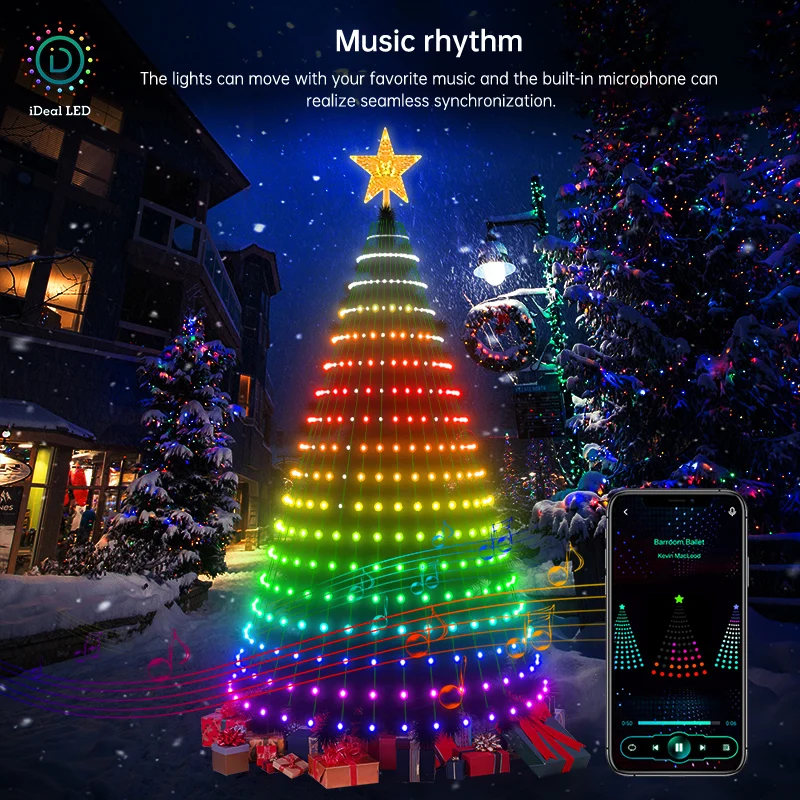 스마트 크리스마스 트리 조명 앱 DIY 텍스트 사진 음악 리듬 LED RGB 스트링 조명, 블루투스 제어 LED 크리스마스 조명