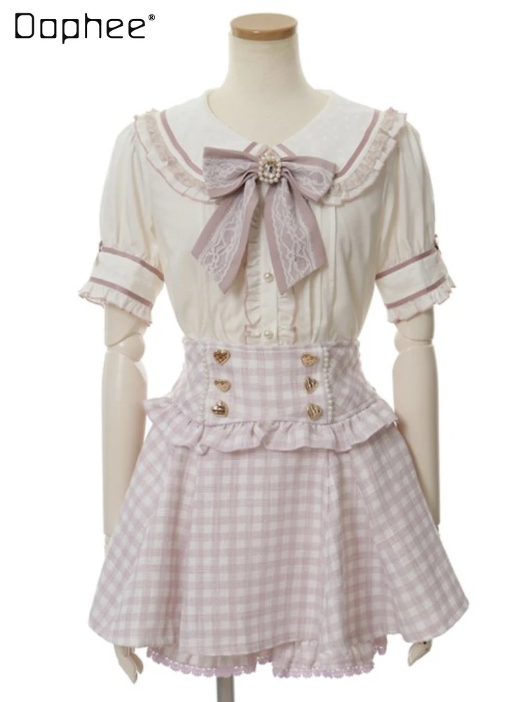 Japanese Style Lolita Suspender Skirt 2023 Classic Double-Layer Plaid Printed Lace Decorative Mine Mass-Produced Suspender Pants