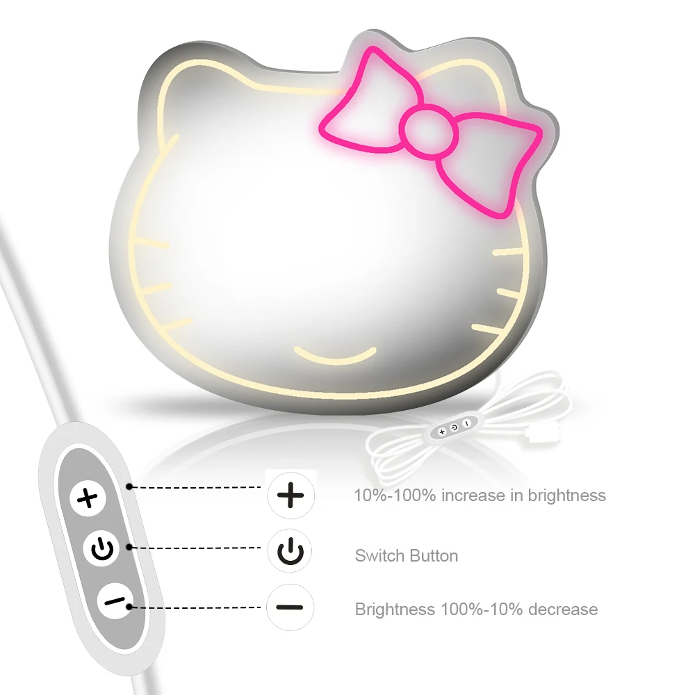 Aslanka Hello Kitty Cat Mirror Neon Sign - Dimmable LED, USB Powered, 14x12 Inch Bedroom Decor