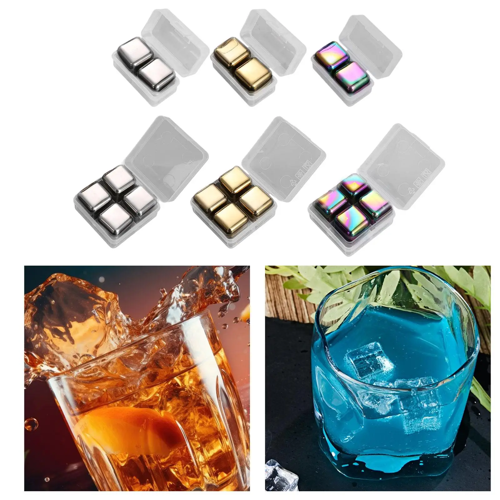 Stainless Steel Reusable Ice Cubes with Storage Box Quickly Cooling Gift Set Portable Square Beverage Chilling Rocks Whisky Ball