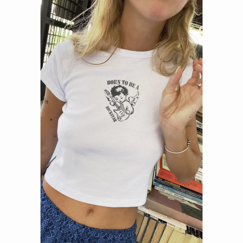 

Angel Violin Graphics Print Crop Top Women Summer Casual Short Sleeve T-shirts Female Vintage Streetwear Baby Tee Y2k clothes