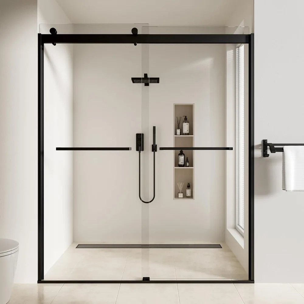 Frameless Shower Door,60" W X 74" H Double Sliding Door with 5/16" SGCC Tempered Clear Glass,Matte Black Shower Door 2