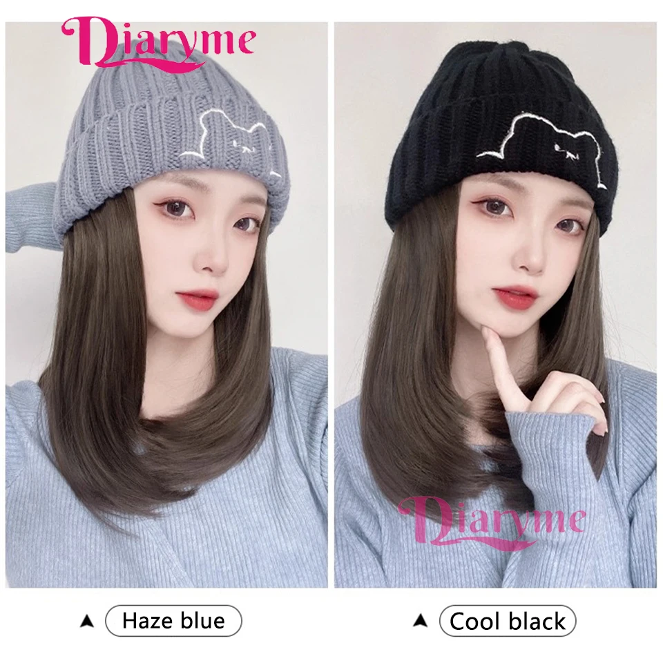 Long Hair Knitted Hat Synthetic Wig One-piece Curly Straight Full Head Cover Hat Wig Easy to wear Suitable for Any Occasion