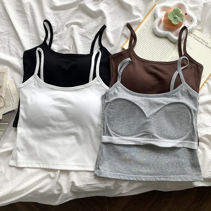 1PC Korean Women's Solid Color Spaghetti Straps Sleeveless Slim Camisole With Chest Pad
