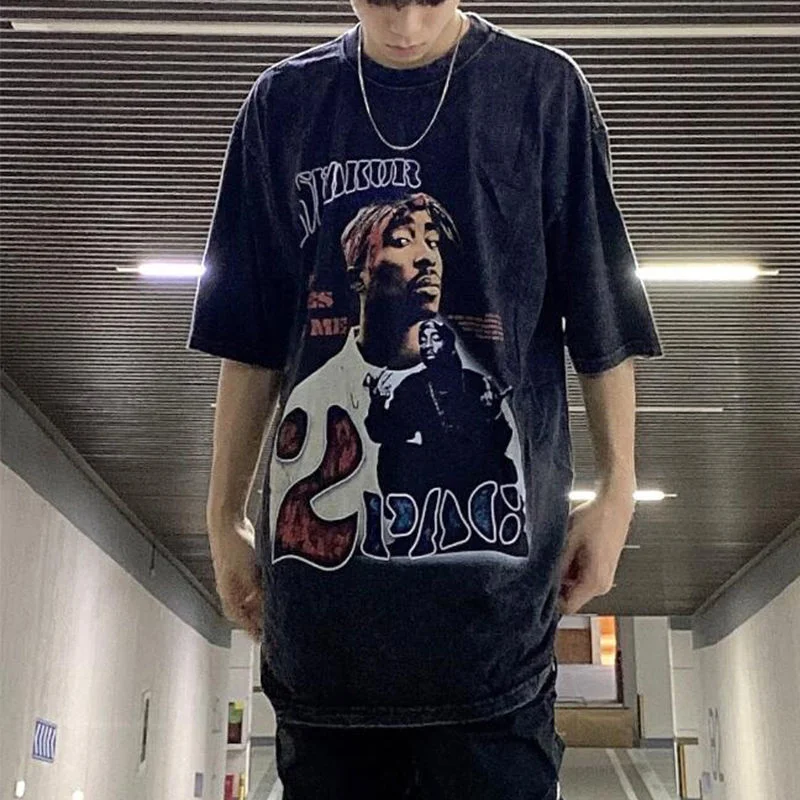 

100% Cotton Men's Short Sleeve Clothes 2pac Tupac Shakur Rapper Print T-shirt Loose Fashion Hip Hop Streetwear Cool Top Couples