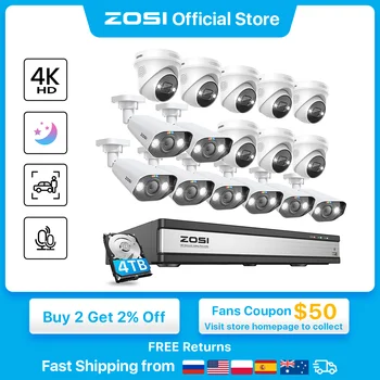 ZOSI 보안 카메라 시스템, 4K PoE NVR 세트, IP66 IP 카메라, 컬러 나이트 비전, CCTV 비디오 감시 시스템 키트, 8MP, H.265 + 16CH