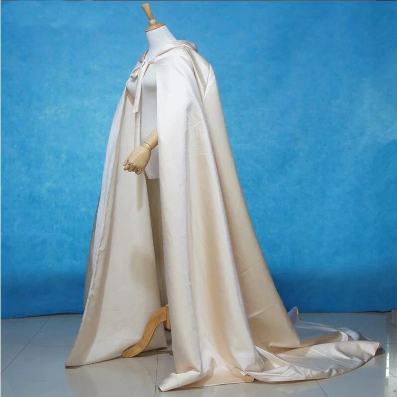 

Ivory Long Wedding Cape Bridal Cloak Champagne Satin Hooded Cape Shawl Coat Costume Cosplay Party Wrap Custom Made Colour