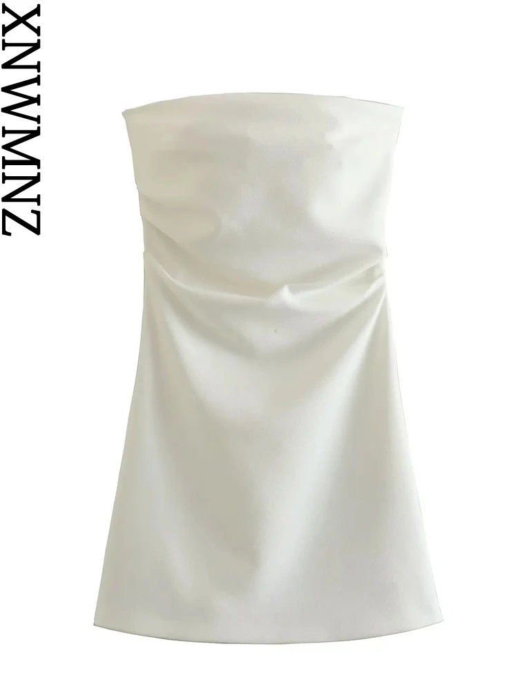

XNWMNZ 2023 Women Fashion Strapless Short Dress Party Style Straight Neckline Exposed Shoulders Draped Female Dresses