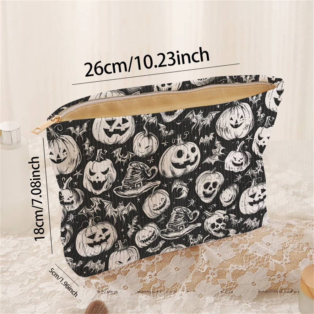 1 pumpkin and bat patterned corduroy makeup bag, lightweight zipper makeup storage box, multifunctional bag with lining