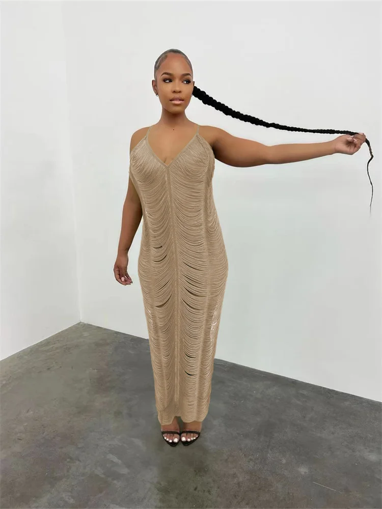 Wmstar Women Dress Summer Sexy Halter Hollow Out Knit Sleeveless Long Beach Bodycon Cut out V Neck Evening Party Outfit Dresses