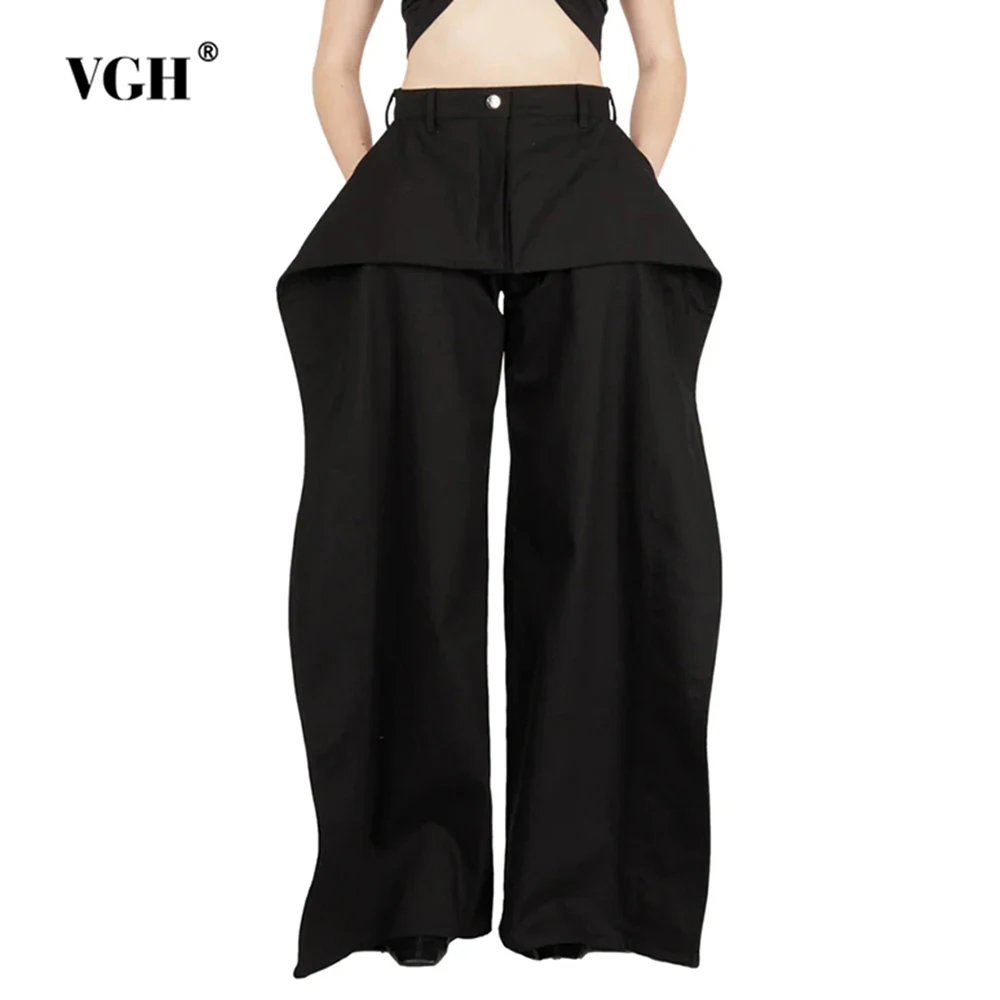 

VGH Solid Patchwork Pockets Casual Jeans For Women High Waist Spliced Button Minimalist Loose Wide Leg Pants Female Fashion New
