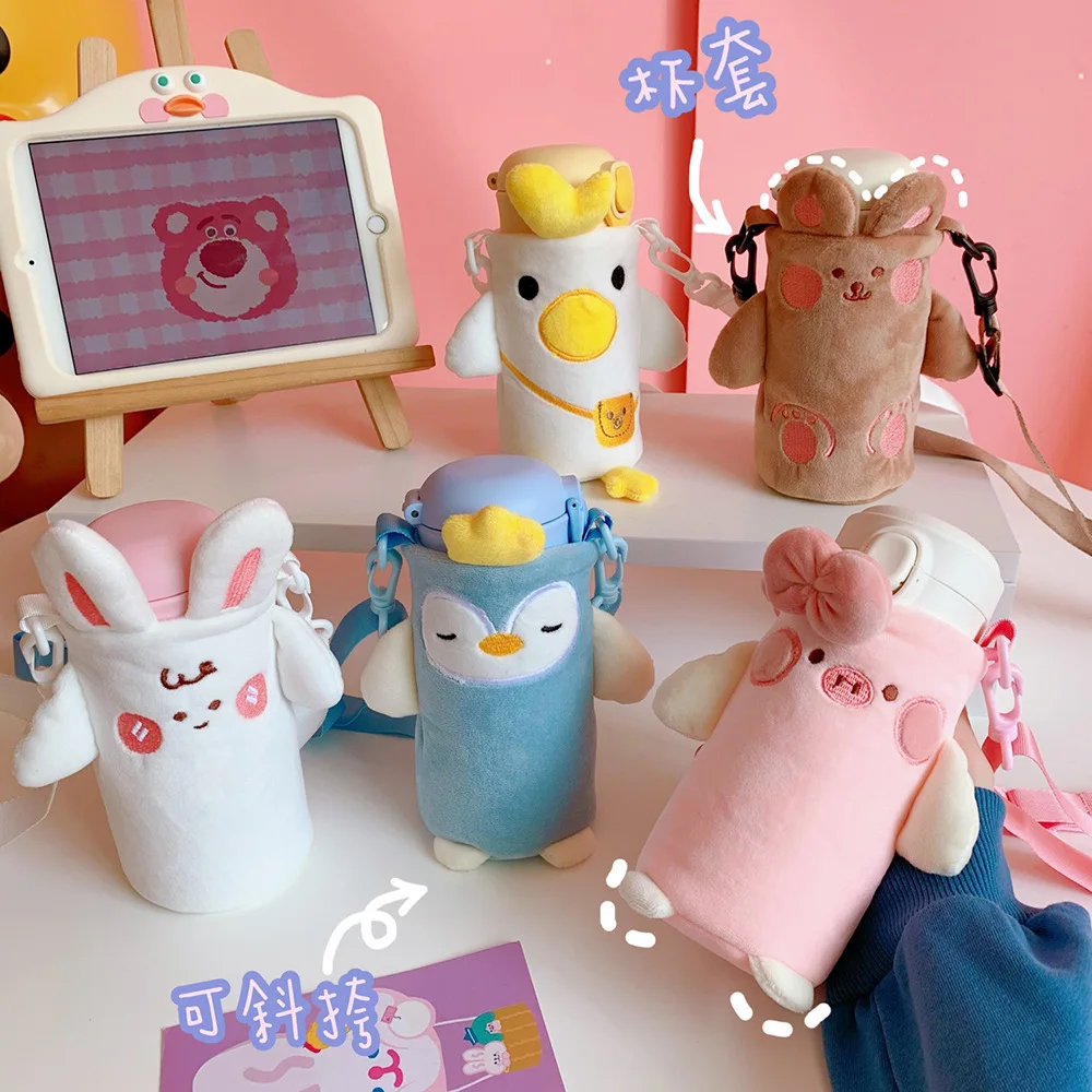 

Kids School Winter Cartoon Cute Animal Plush Bottle Holder Carrier Small Kawaii Fluffy Water Bottle Sleeve With Shoulder Strap