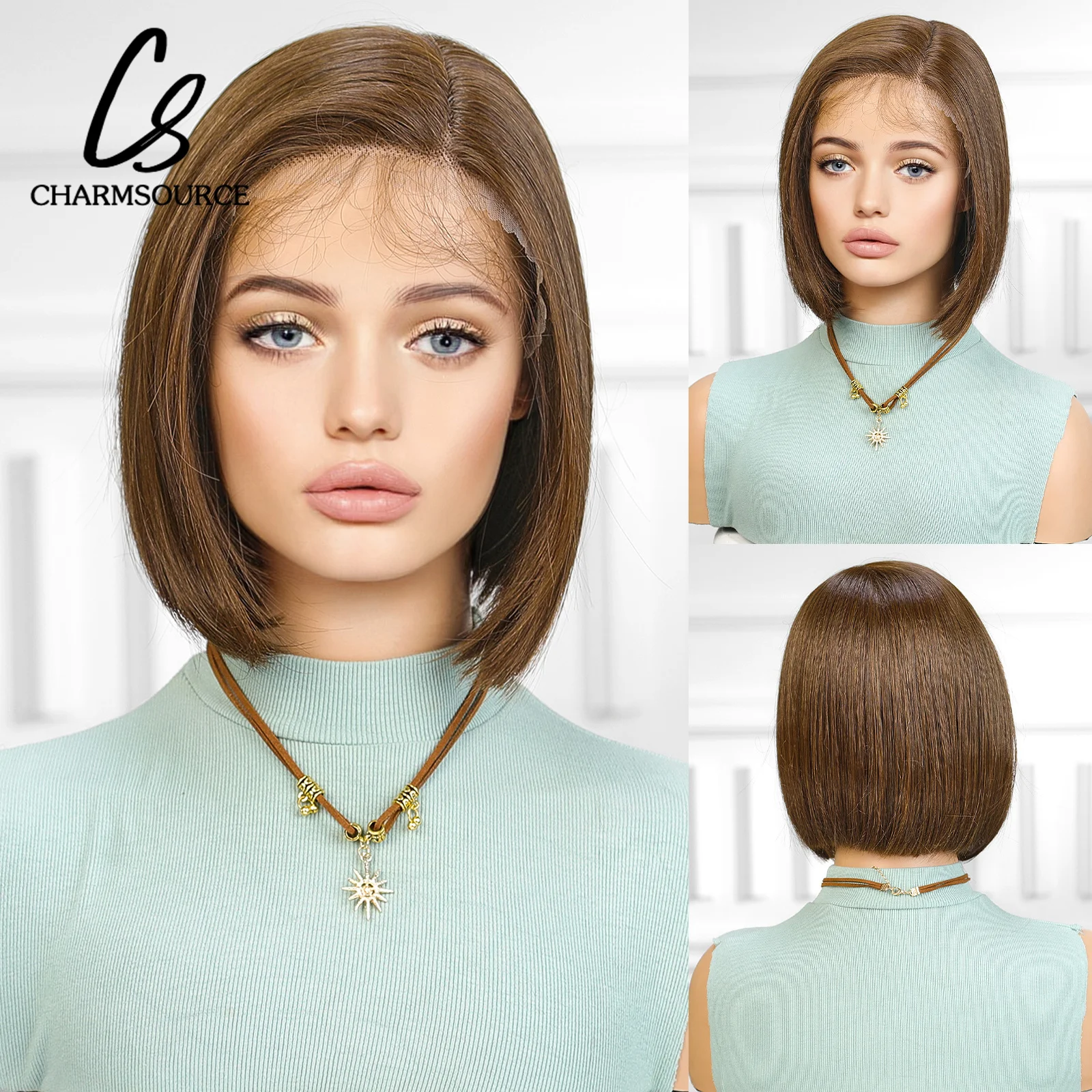 

CharmSource Lace Front Wigs Medium Brown Bob Straight Short Synthetic Wig for Women Daily Use Party High Quality Heat Resistant