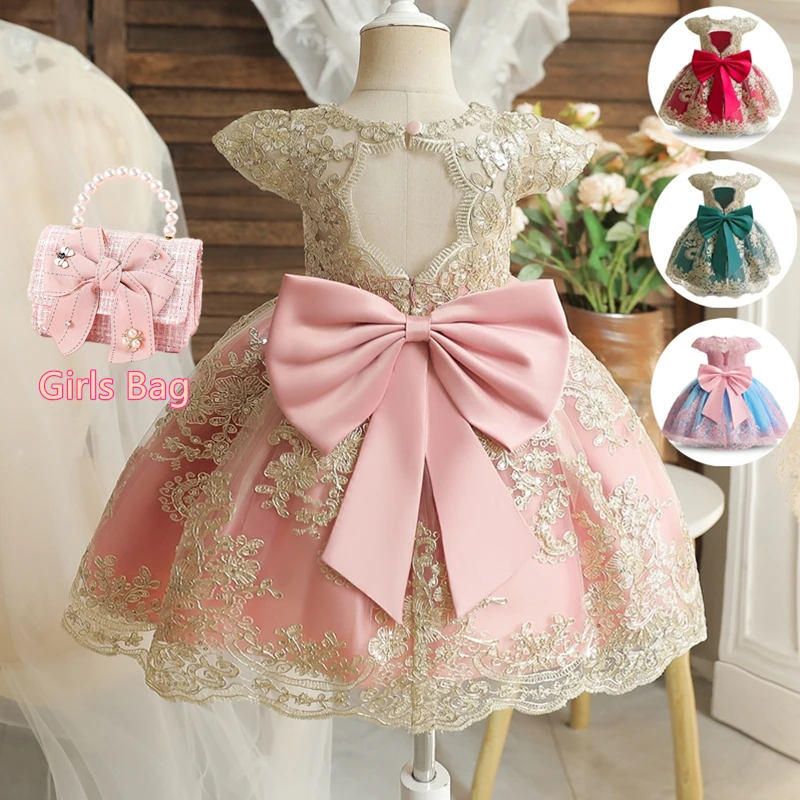 Girls Dress Baby Girl Dress Embroidery Elegant Princess Dress for Girls Luxury Golden Lace Vintage Children Festival Party Gown Baby Formal Weddings Dresses