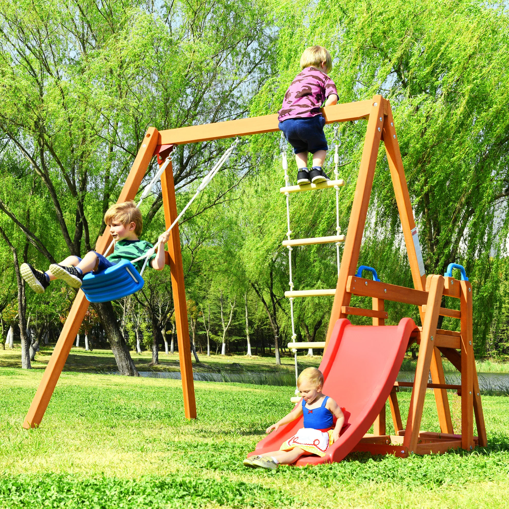 

Wooden Swing Set with Slide, Outdoor Playset Backyard Activity Playground Climb Swing Outdoor Play Structure for Toddlers, Ready