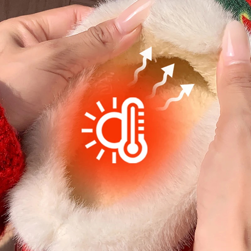 Red Printed Home Cotton Slippers Women Indoor Thick Bottom Non Slip Fur Slippers Woman Round Toe Fluffy Plush Slides Female