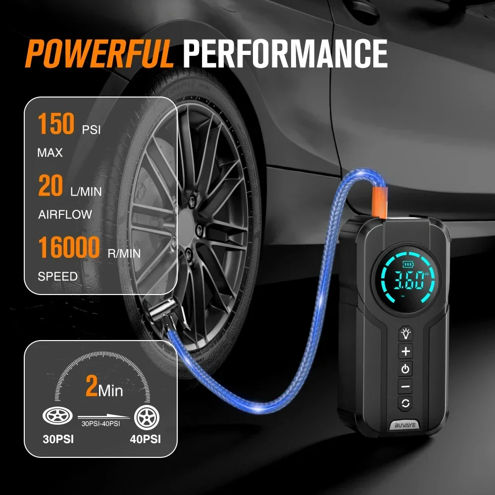 BUVAYE Portable Air Pump Digital Auto Car Inflator Tire Pump Portable Car Air Compressor for Motorcycles Bicycle Boat Tyre