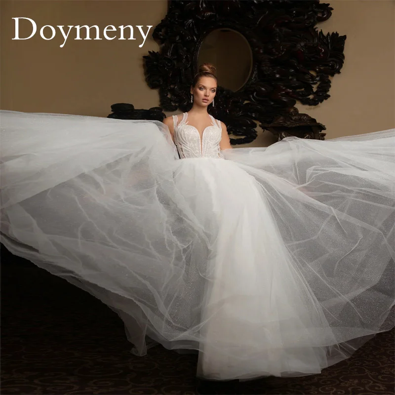 

Doymeny V-Neck A-Line Sleeveless Wedding Dress Elegant Tulle Sweetheart Bridal Gown Appliques Court Train Robe De Mariee