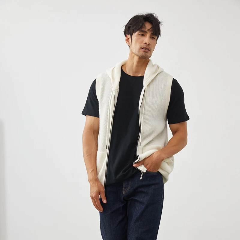 pure cashmere men's hooded vest, solid color knitted casual business men's cardigan, sleeveless sweater, autumn