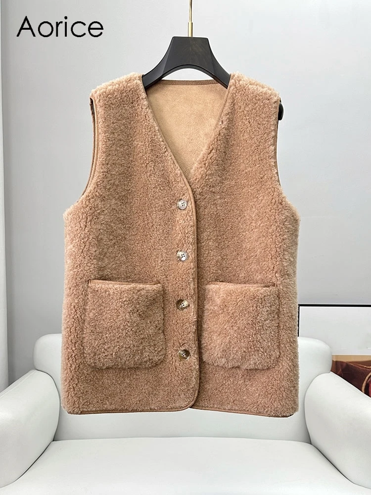 

Aorice Genuine Wool Fur New Design Vest Real Sheep Shearing Fashion Winter Warm Jacket CT335