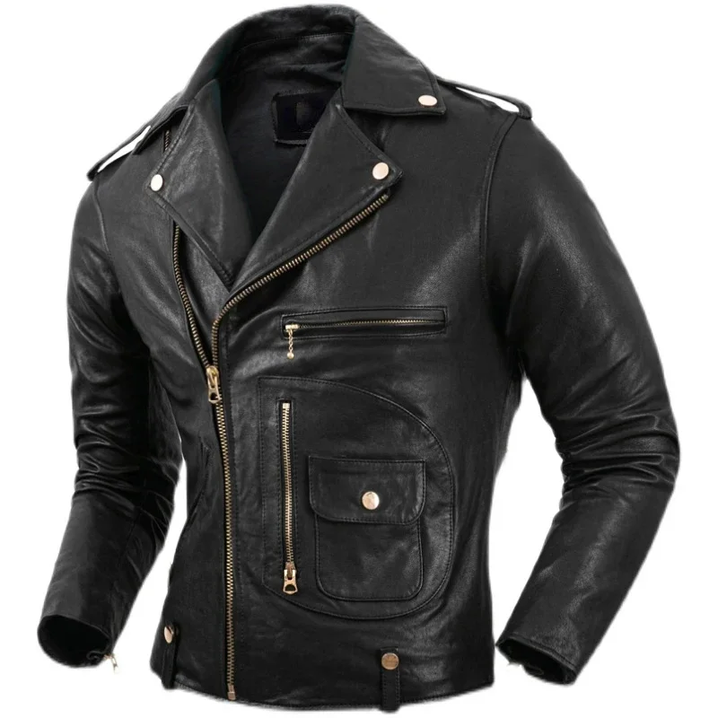 

J24 Motorcycle Clothes Men Leather Jacket Vegetable Tanned Real Sheepskin Slim Fit Motor Biker Clothing Autumn