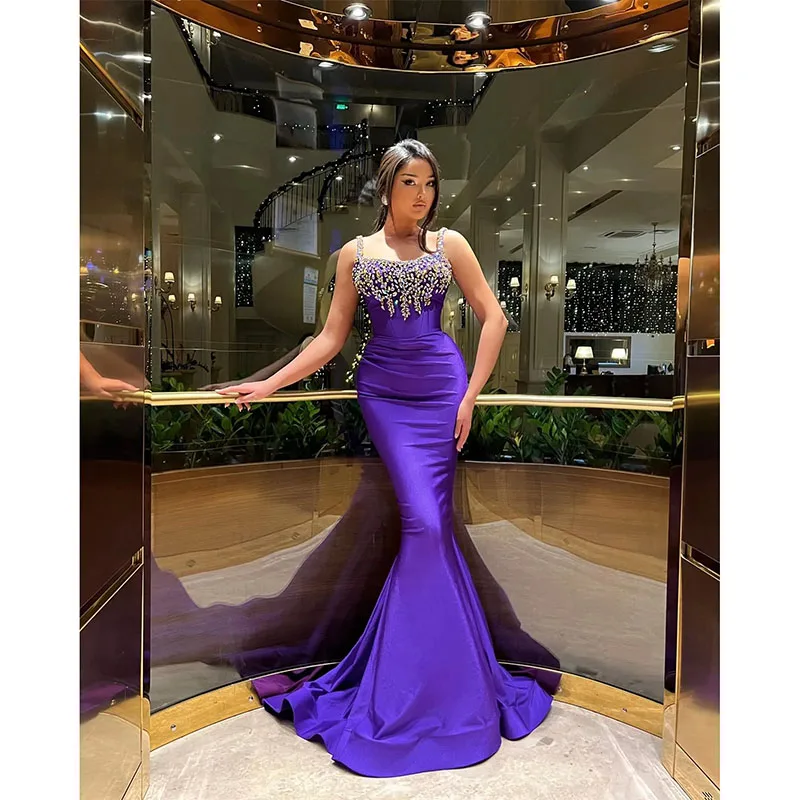 

Sexy Purple Mermaid Prom Dress Rhinestones Straps Formal Evening Dress Elegant Ruffles Party Dress For Special Occasions