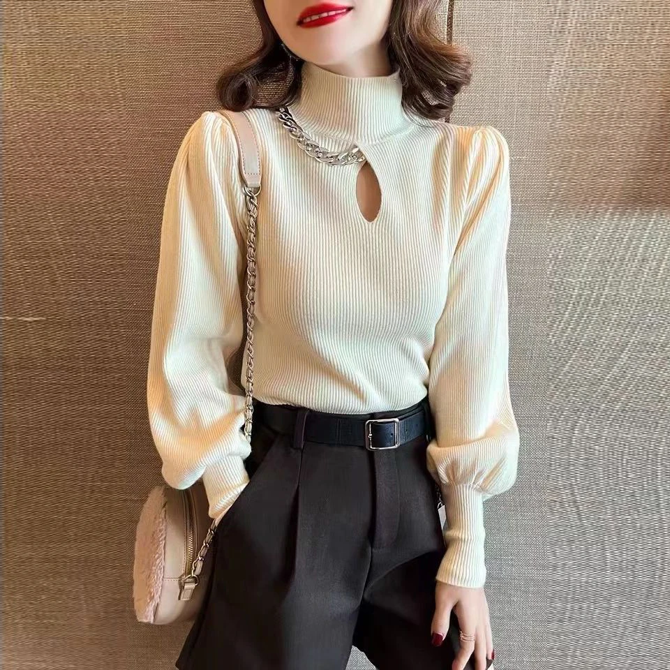 

Fashion Half Turtleneck Sweater Women Autumn Winter Hollow Out Chain Decor Lantern Long Sleeve Slim Streetwear Pullover Knitwear