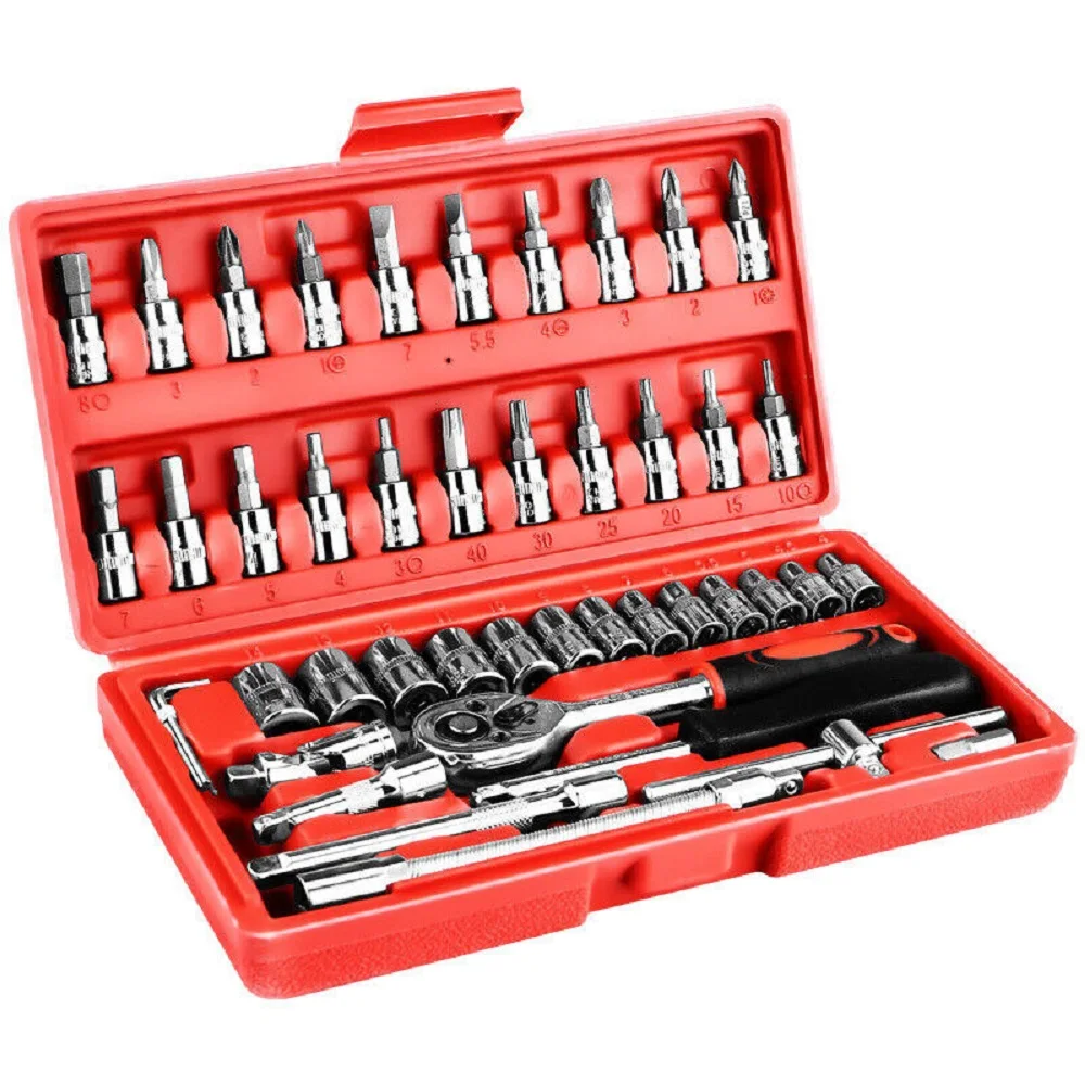 46pcs Socket Ratchet Car Repair Tool Wrench Set Head Ratchet Pawl