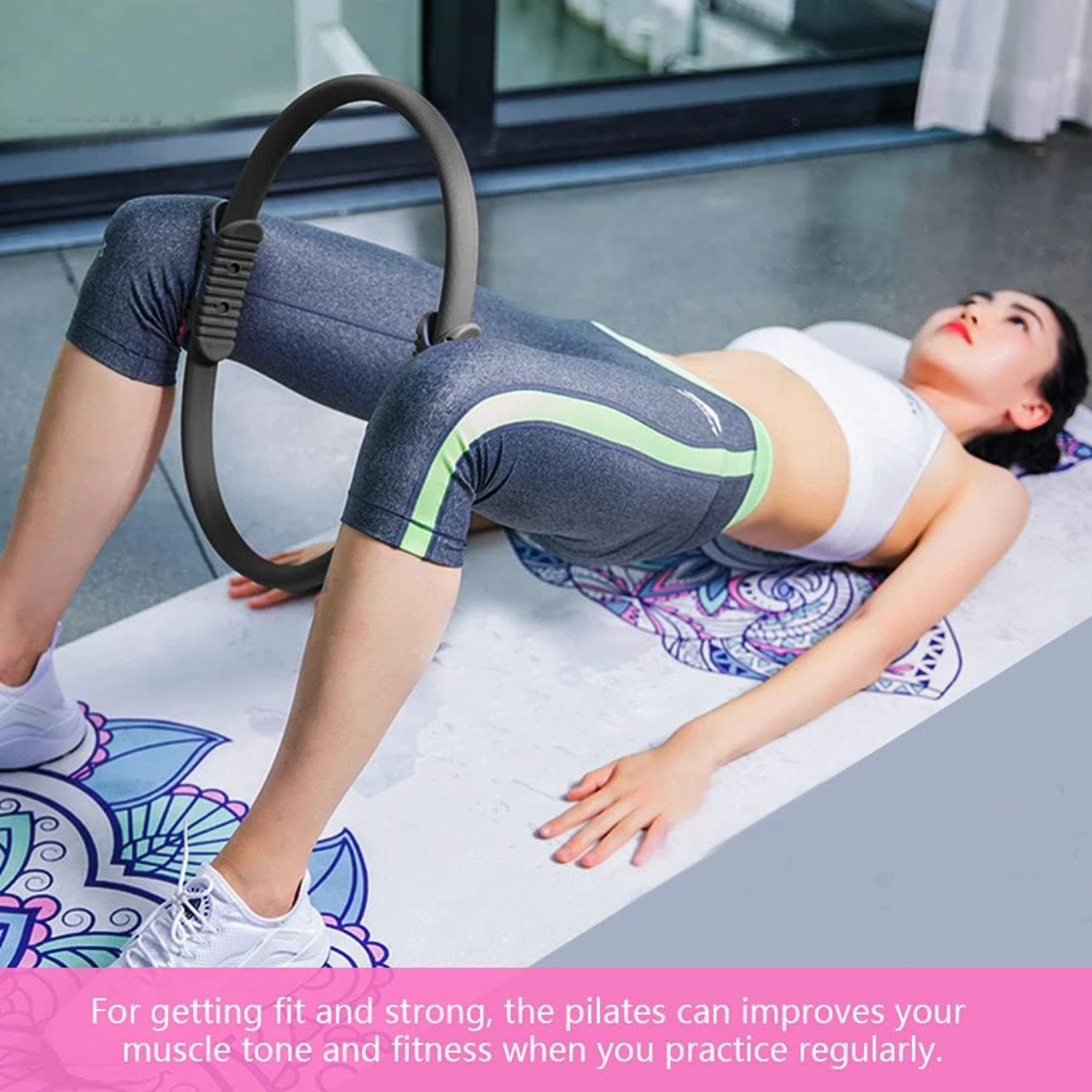 Enhanced Durable Circle Shaped Pilates Ring with Stretch Bands for Women-Achieve Ultimate Results with Reformer Equipment-To