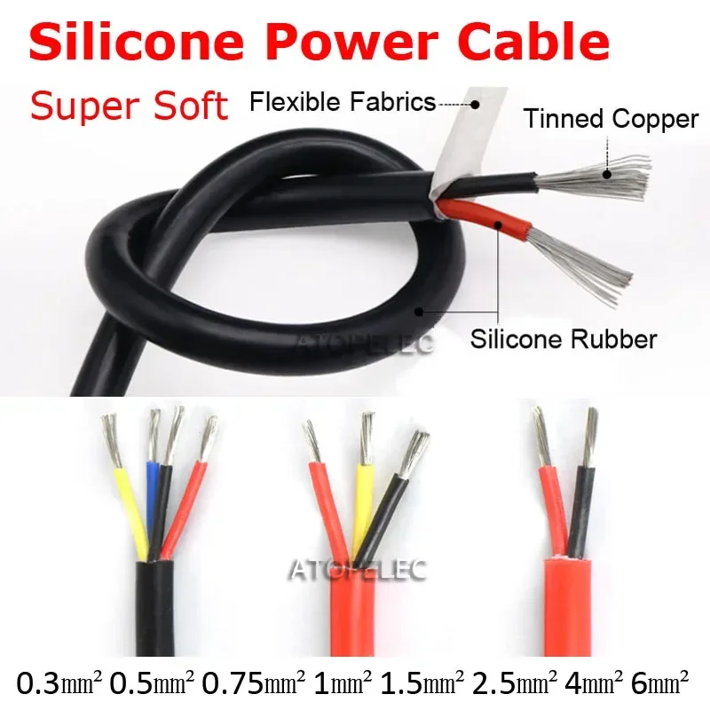 2M Heat Resistant 2/3/4 Core Power Cable Flexible Super Soft Silicone Cord Tinned OFC Copper Wire 22/20/18/17/15/13/11/10 AWG