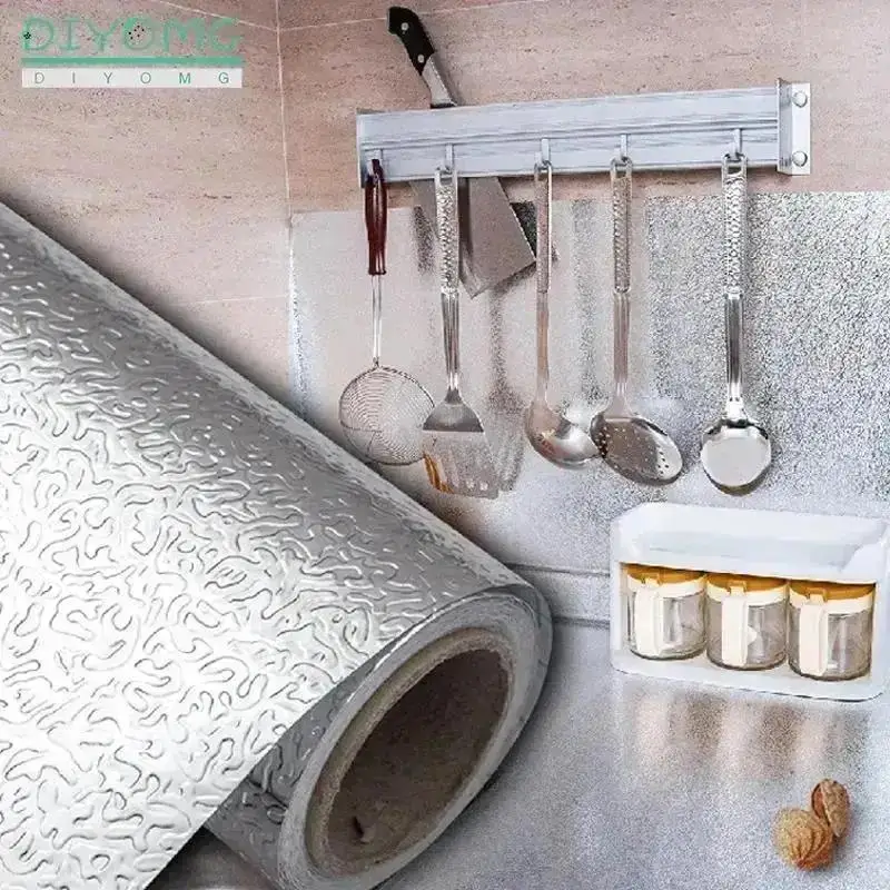 40*100CM Kitchen Oil-proof Aluminum Foil Sticker Wall Desk Floor Waterproof DIY Home Furniture Decorate Foil Style Wallpaper