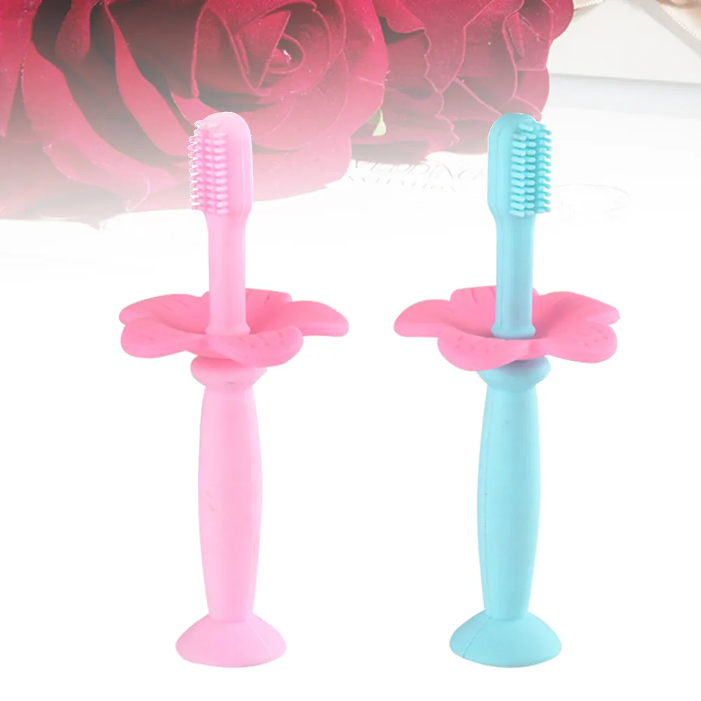 2개입 실리콘 수동 칫솔, 구강 관리 훈련용 보호 바플 포함, 안전한 칫솔모, 통증 완화