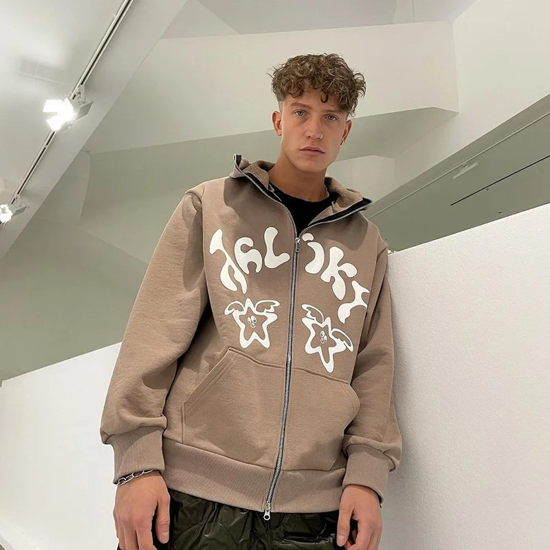 Hip Hop Streetwear Zip Up Hoodies Men Autumn Goth Grunge Graphic Print  Jacket Coat Women Harajuku Hooded Sweatshirt Y2K Hoodie