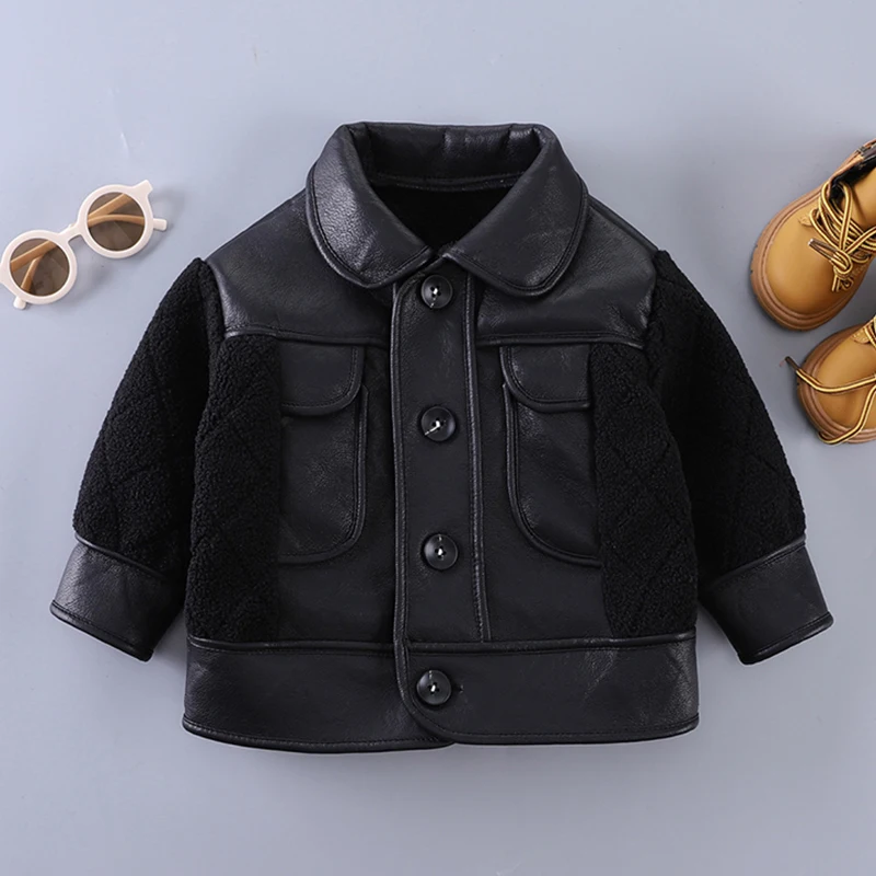Winter Kids Boys Thicken Jackets For Boys Coats PU Maillard Plush Splicing Jackets Toddler Children Outerwear Baby SnowCoat