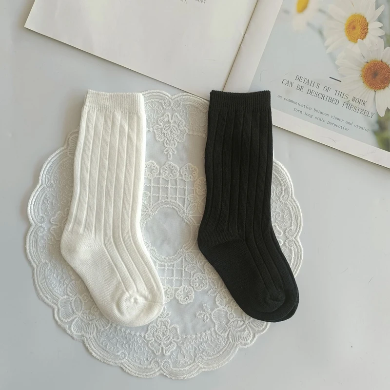 Chaussettes longues noires et blanches en coton pour enfants, lot de 3 paires, pour filles et garçons, collection printemps-automne