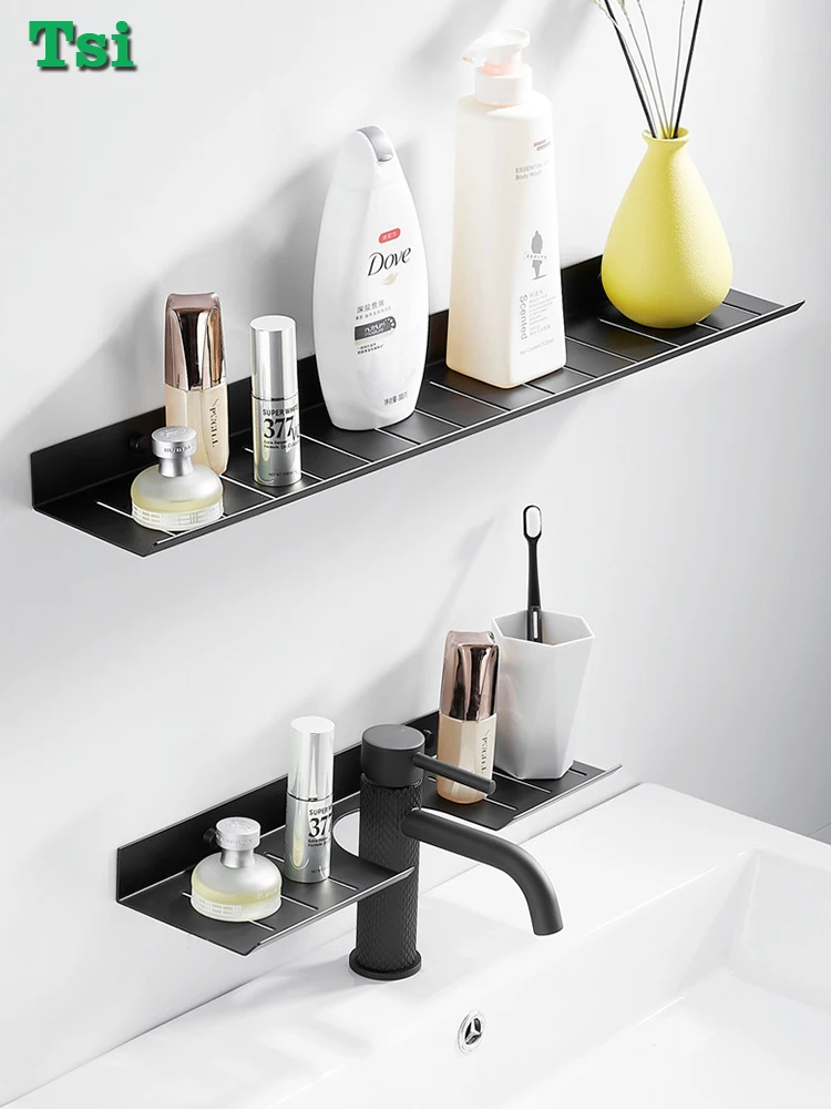 No Drill White Bathroom Accessories Black Storage Shelves Wall Mounted
