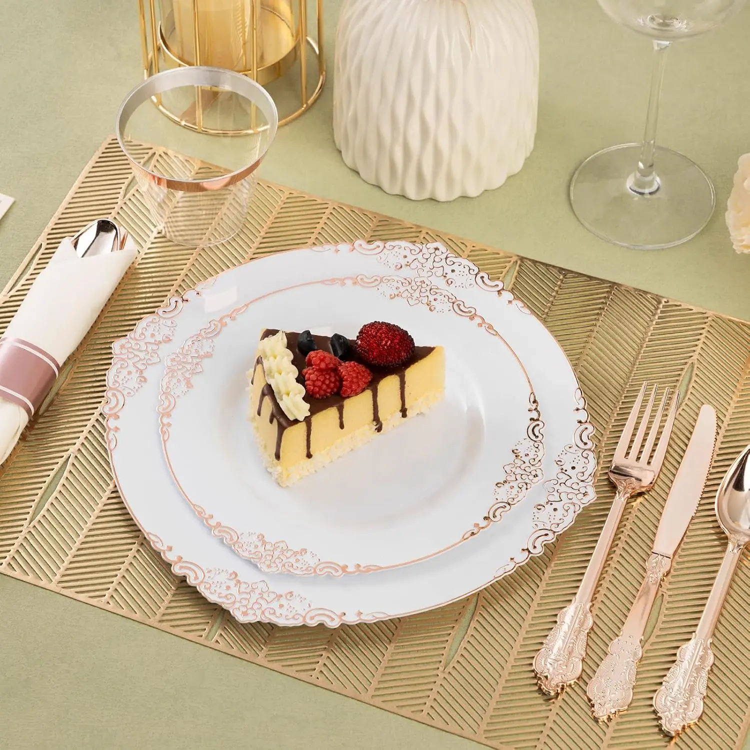 350PCS Rose Gold Plastic Plates for 50 Guests, Disposable Dinnerware Sets Include 100 Rose Gold Rim Plastic Plates 50 Silverware