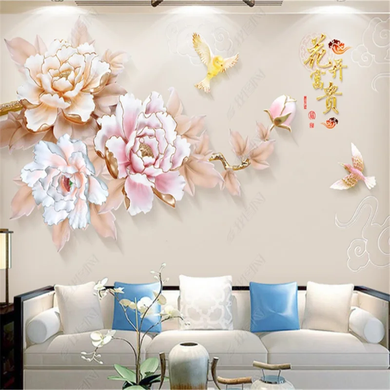 

Jewelry Relief 3D Simple Wallpaper for Living Room New Chinese Peony Wallpapers TV Background Mural Wall Papers Home Decor