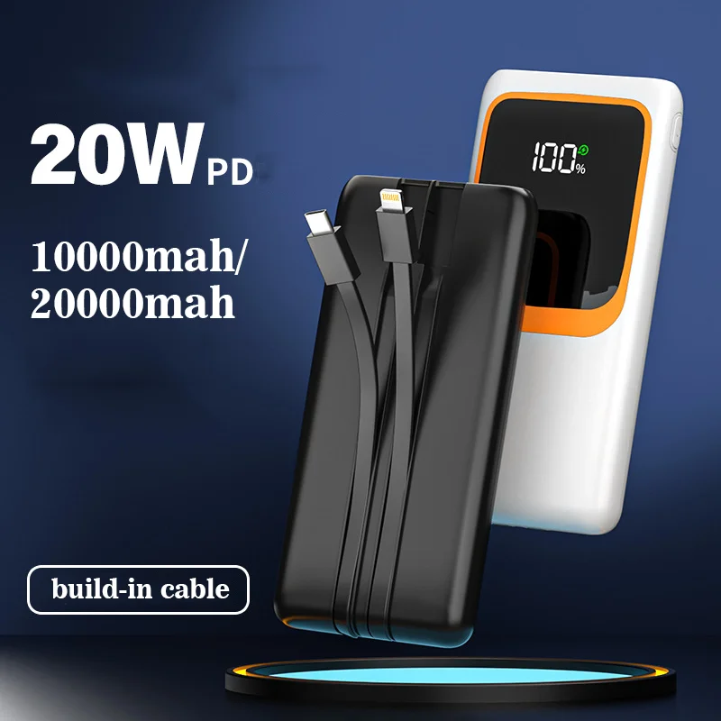 50000mAh Power Bank Large Capacity 30000mAh Powerbank Build-in Cable PD20W Fast Charger External Spare Battery For iPhone Xiaomi